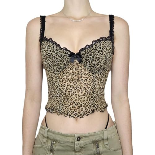 SUSHRUTA Leopard Print Camis Vintage 2000s Bow Sleeveless Lace Strap Crop Top Women Summer See Through Mesh Tee Y2k,Brown,S von SUSHRUTA