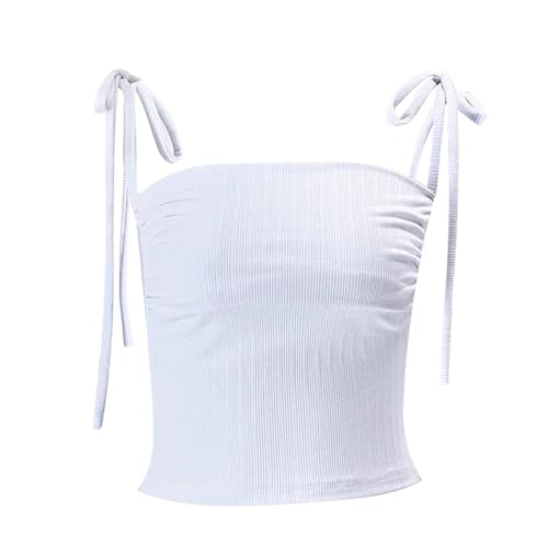 SUSHRUTA Ribbed Lace Up Tank Top Sleeveless Off Shoulder Y2K Women Pleated Crop Tops Summer Casual Basic Streetwear Camisol,White,L von SUSHRUTA