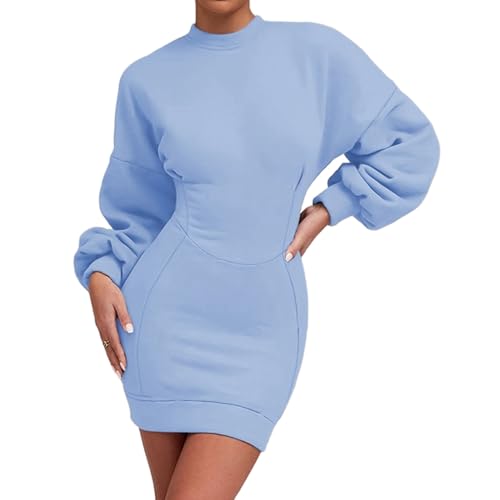 SUSHRUTA Sexy Schlankes Sweatshirt-Kleid Herbst Einfacher Stil Langarm O-Ausschnitt Minikleider Für Frauen Hüftwickelkleid,Blau,M von SUSHRUTA