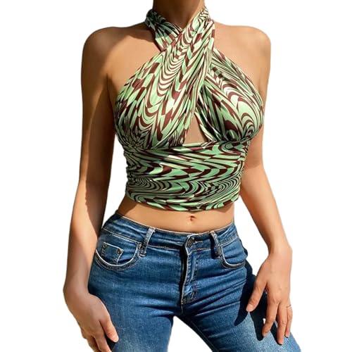 SUSHRUTA Women Summer Tank Tops Sexy Color Matching Cross Sleeveless Halter Neck Backless Crop Tops High Street Wear,Green,S von SUSHRUTA