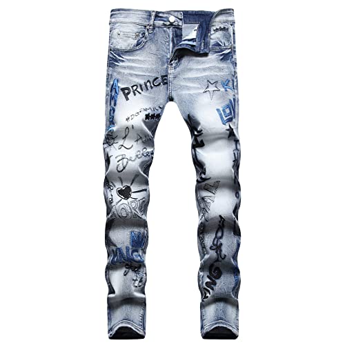 SUYGGCK Jeans Herren Männer Hip-Hop-Trend Bestickter Stretch Slim Fit Straight Jeans-Light Blue,34 von SUYGGCK