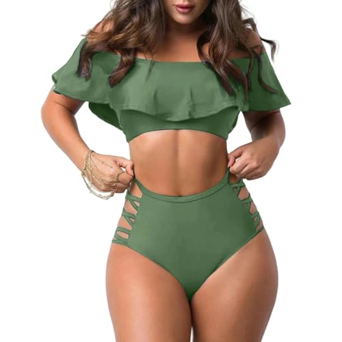 SUYHKO Bikini Badeanzug Frauen V-Neck Rüschenanzug Bauchkontrolle Hoch Geschnittene Bikini-Set-grün-XL von SUYHKO