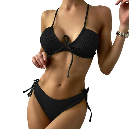 SUYHKO Bikini Damen Badeanzug Sommermodes Solid Color Bikini Zweiteilige Badekleidung Krawatte Hoher Taille Bikini Badeanzug-schwarz-l von SUYHKO