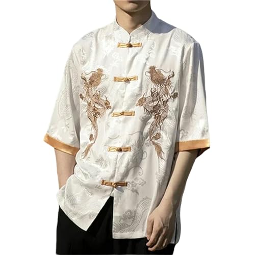 SUYHKO T Shirt Herren Sommer Chinese Traditionelle Kleidung Plus Größe Hemd Männer Kleidung Kurzarm Vintage Tops-Weiß-3Xl 82 Bis 88 Kg von SUYHKO