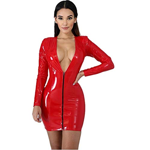 SWCEN PU-Lederkleider Für Frauen Mit Nassem Look, Kurzes Kleid Mit Tiefem V-Ausschnitt, Reißverschlüsse Kunst-PU-Lederkleid Kleid Mit Hoher Elastizität Für Clubkleidung,Rot,XL von SWCEN