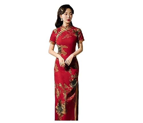 Chinesisches Kleid Für Damen – Elegantes Damen-Hochzeitskleid Mit Blumendruck, Orientalische Braut, Satin, Mandarinkragen, Abend-Qipao, Übergröße, Langärmlig, Cheongsam, Stil A, 5XL von SWEPER