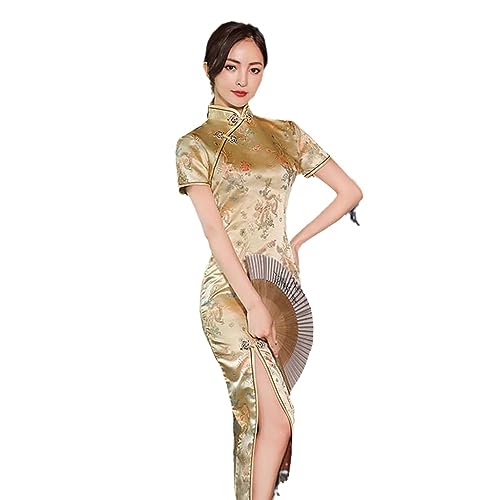 Chinesisches Kleid Für Damen – Sommer, Elegantes Brokat-Satin, Lange Gabel, Cheongsam, Chinesisches Klassisches Damen-Qipao, Kurzärmelig, Sexy Hochzeits-Abend-Partykleid, Gold, S von SWEPER