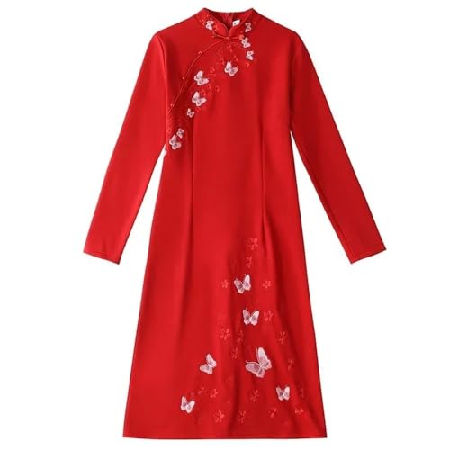 Cocktailkleider Für Damen - Herbst-Winter-Dickes Modernes Retro-Stickerei-Cheongsam-Chinesisches Traditionelles Qipao-Kleid Für Frauen, Stil A, XL von SWEPER