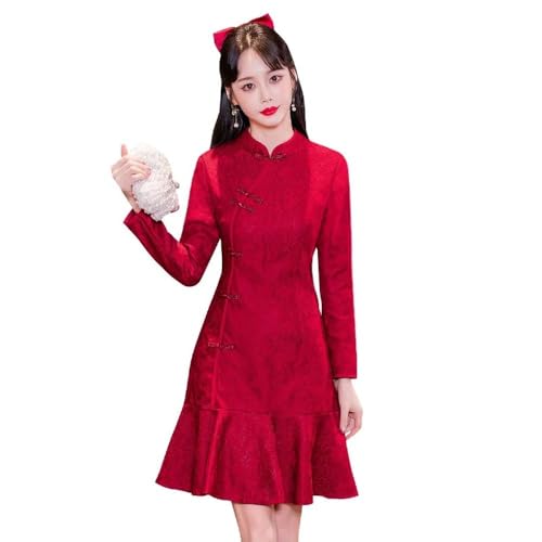 Cocktailkleider Für Damen - Modernes, Langärmliges, Rotes Cheongsam-Party-Swing-Kleid, Traditionelle Chinesische Neujahrs-Qipao-Kleidung, Übergröße, Stil A, XL von SWEPER