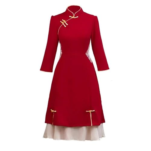 Cocktailkleider Für Damen - Rotes Braut-Qipao-Kleid, Modernes Herbst-Winter-Langarm-Verlobungs-Cheongsam, Traditionelle Chinesische Kleidung Für Frauen, Stil A, L von SWEPER