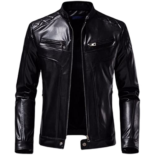 Herren Lederjacke - Männer Winter Casual Motor Leder Jacke Mantel Männer Herbst Mode Biker Vintage Warme Leder Jacke Mantel Männer Kleidung S-2Xl, Schwarz, L von SWEPER