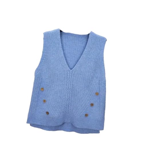 SWEPER Ärmellose Strickweste Für Damen - Herbst/Winter V-Ausschnitt Weicher Pullover Strickpullover Tank Top Damen Vielseitige College-Stil Kurze Ärmellose Weste,Blau,XL von SWEPER