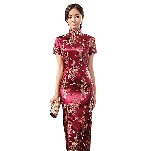 SWEPER Chinesisches Kleid Für Damen – Elegantes Brokat-Satin, Lange Gabel, Cheongsam, Chinesisches Klassisches Damen-Qipao, Kurzärmelig, Sexy Hochzeitsabend-Partykleid, Rot, M von SWEPER