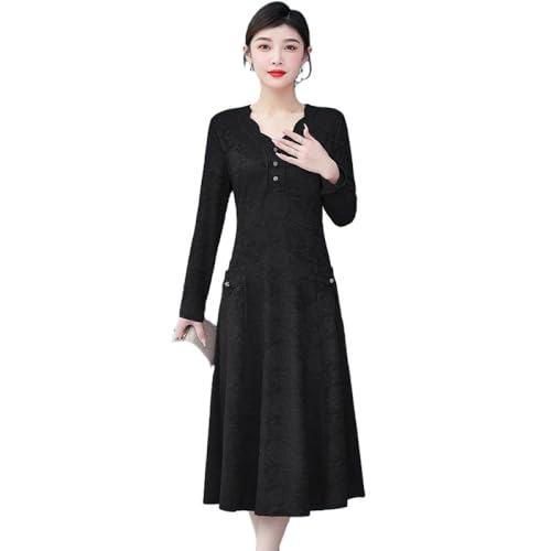 SWEPER Cocktailkleider Für Damen - Retro-Druck Jacquard V-Ausschnitt Herbst Langes Kleid Frauen Bürodame Elegante Langarm-Partykleider A-Linie Maxi Vestidos Mujer,Schwarz,M von SWEPER