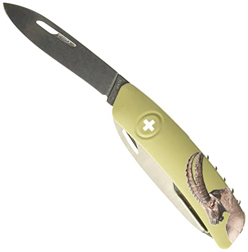 SWIZA Schweizer Messer, Stahl 440, Sicherheitsarretierung, 12 Funktionen, olivfarbene Anti-Rutsch-Schalen, Steinbock, mehrfarbig, normal von SWIZA