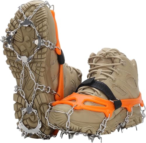 Spikes Schuhe Winter für Bergschuhe mit 19 Zähne,Steigeisen für Bergschuhe,Anti-Rutsch Schuhspikes,für EIS und Winter Outdoor Sports Klettern (Orange,L) von SWZEC