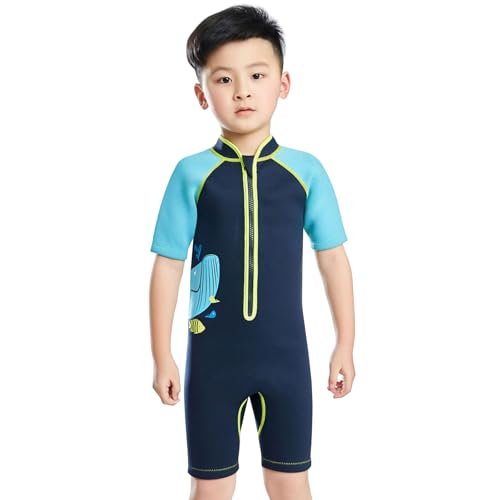 SXSHUN Kinder Mädchen Jungen Neoprenanzug 2.5mm Neopren Shorty UV-Schutz Badeanzug Einteiliger Badeanzüge Wetsuit, Blau, 110-116 von SXSHUN