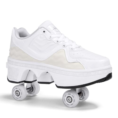 Rollschuhe für Frauen, 4 Räder Männer Schlittschuhe, PU Leder Roller Schuhe für Mädchen/Jungen/Damen/Unisex Indoor/Outdoor,White-42 von SXZHSM