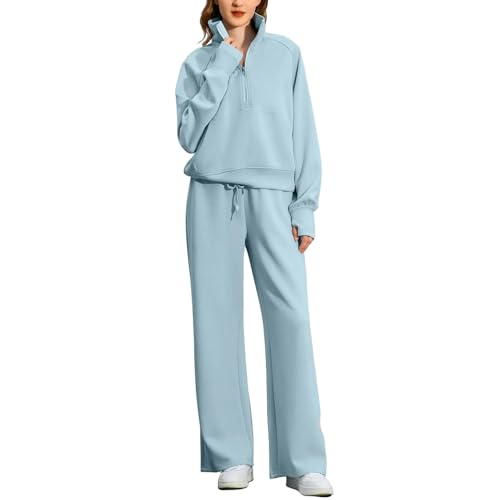 Jogginganzug Damen Set Damen Zweisteuelhafter Bekleidungsanzug Jogginghose Mit Taschenanzug Sportswear Tracksuit-Blau-XXL von SYLDMKJ