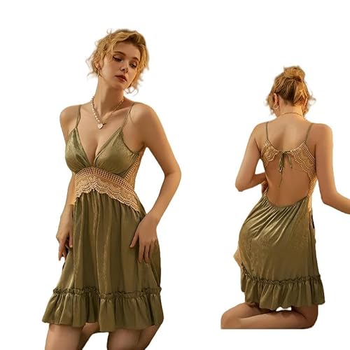 Negligee Damen Frauen Nachthemd Satin Seiden Nachthemd Set Damen -Spitze Gegen Nacken Nachthemd-Grüner Kleid-L von SYLDMKJ