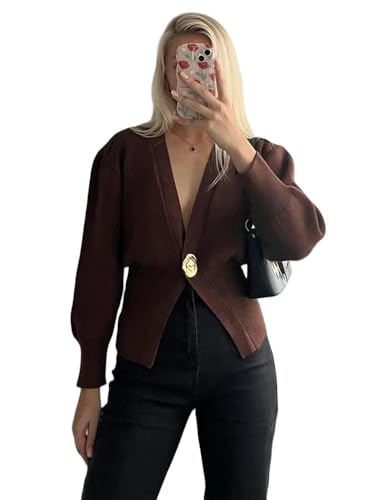 SYLDMKJ Cardigan Damen Knopf Langarm Damen -Strickjacke Deep V Neck Slim Fit Strick -Pullover-Kaffee-S SYLDMKJ Cardigan Damen Knopf Langarm Damen -Strickjacke Deep V Neck Slim Fit Strick -Pullover-Kaffee-S von SYLDMKJ