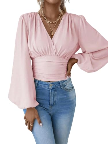 SYLDMKJ Damen Blusen Elegante Laternenhülle Crop Top V-Ausschnitt Mit Festkunst Rüste Womens Langarm Bluse-Rosa-L von SYLDMKJ