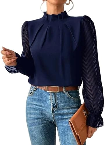 SYLDMKJ Damen Blusen Frauen Herbst Fashion Shirt Lady Lose Hock Out Halb Hohen Hals Langlaterne Ärmel.-Marineblau-XXL von SYLDMKJ