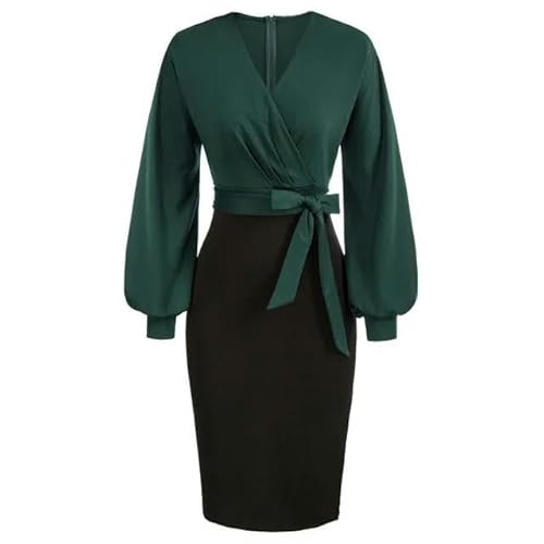 SYLDMKJ Damen Blusen Frauen Kleidung Kontrastfarbe Bleistift Kleid Langarmüberschüsse V-Ausschnitt Kleid Mit Gürtelbüro Dame Robe-1-M von SYLDMKJ