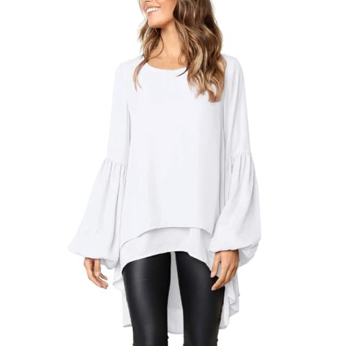 SYLDMKJ Damen Blusen Frauen Solide Top Female Langer Laternenhülle Bluse Asymmetrisches Hemd Lässig Losen Rüschen Blusas-Weiß-XL von SYLDMKJ