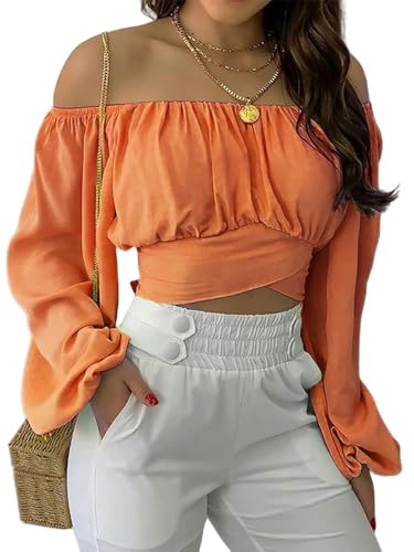 SYLDMKJ Damen Blusen Off Schulterdruckblusen Lantern Langarm Schnürbeuge Geschnittene Tops Lässige Schlanke Hemden-Orange-XL von SYLDMKJ