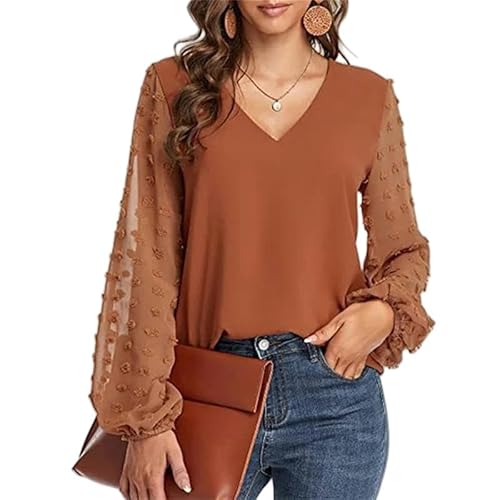 SYLDMKJ Damen Blusen Women Bluse Patchwork Design V-Ausschnitt Langarm Frühling Herbst Casual Lose Pullovers-Orange-XL von SYLDMKJ