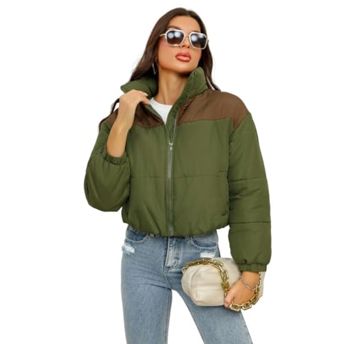 SYLDMKJ Damen Daunenmantel Herbst Und Winter Einfarbig Rundhalsreißverschluss Langarm Slim Pocket Brot Baumwollmantel-Military Green-L von SYLDMKJ