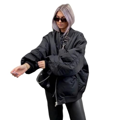 SYLDMKJ Damen Daunenmantel Loose Zipper Baumwolle Flight Jacke Damen Baseballjacke-Schwarz-L von SYLDMKJ