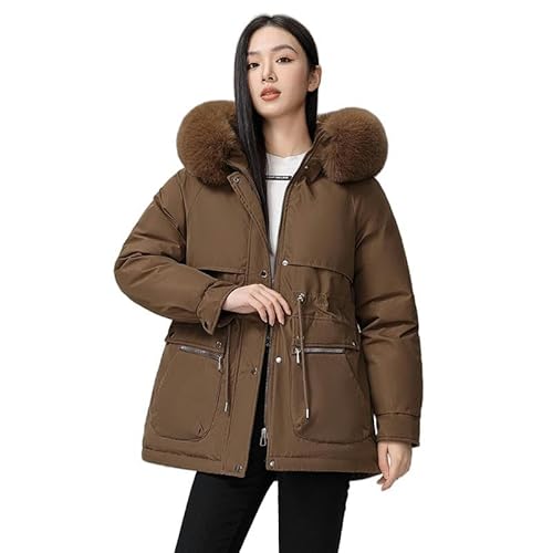 SYLDMKJ Damen Daunenmantel Parka Aus Dickem Fleece In Mittlerer Länge Mit Großem Pelzkragen Slim Fit Baumwolljacke-Kaffee-L von SYLDMKJ