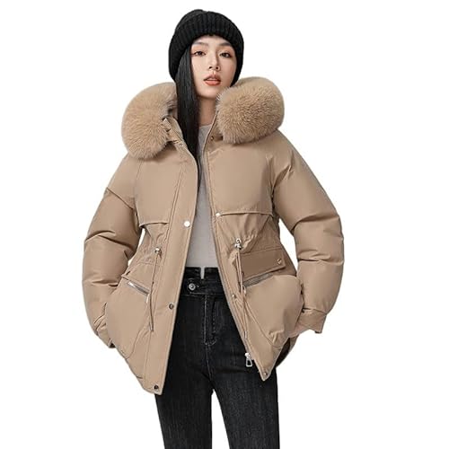 SYLDMKJ Damen Daunenmantel Parka Aus Dickem Fleece In Mittlerer Länge Mit Großem Pelzkragen Slim Fit Baumwolljacke-Khaki-M von SYLDMKJ