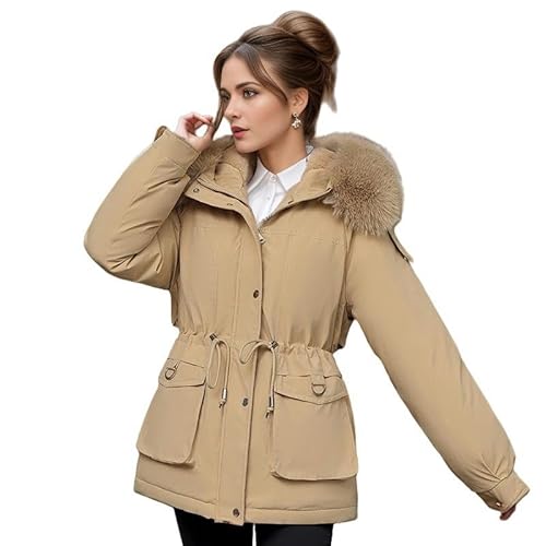 SYLDMKJ Damen Daunenmantel Plüsch Und Verdickte Parka Damen Kurze Große Pelzkragen Slim Fit Baumwolljacke-Khaki-XXL von SYLDMKJ