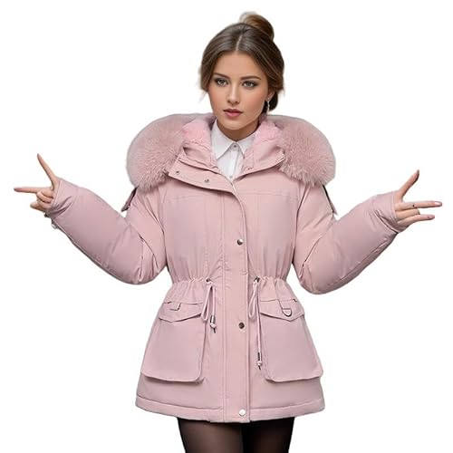 SYLDMKJ Damen Daunenmantel Plüsch Und Verdickte Parka Damen Kurze Große Pelzkragen Slim Fit Baumwolljacke-Rosa-XL von SYLDMKJ