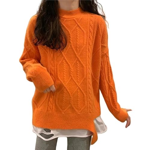 SYLDMKJ Damen Pullover Herbst Damen Gefälschte Zweiteilige Pullover Langarm Lose Strickpullover Top-Orange-2Xl Empfiehlt 125-140 Pfund von SYLDMKJ