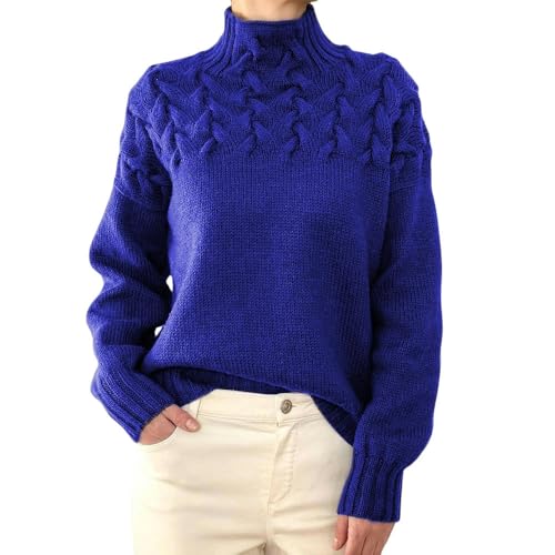 SYLDMKJ Damen Pullover Herbst Damen Mode Kabel Strick Detail Turtleneck Langarm Pullover Frauen-Blau-S von SYLDMKJ