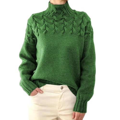 SYLDMKJ Damen Pullover Herbst Damen Mode Kabel Strick Detail Turtleneck Langarm Pullover Frauen-Grün-L von SYLDMKJ