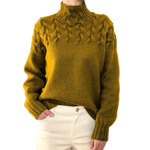 SYLDMKJ Damen Pullover Herbst Damen Mode Kabel Strick Detail Turtleneck Langarm Pullover Frauen-Khaki-L von SYLDMKJ