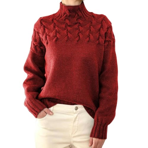 SYLDMKJ Damen Pullover Herbst Damen Mode Kabel Strick Detail Turtleneck Langarm Pullover Frauen-Rot-2Xl von SYLDMKJ