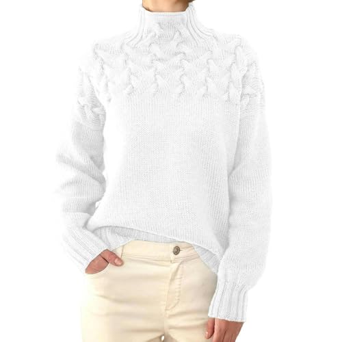 SYLDMKJ Damen Pullover Herbst Damen Mode Kabel Strick Detail Turtleneck Langarm Pullover Frauen-Weiß-4Xl von SYLDMKJ