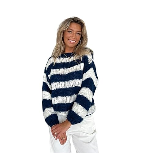 SYLDMKJ Damen Pullover Herbst Damen Rundhalsausschnitt Gestreifte Lockere Faule Vielseitige Langarm Strickpullover-Blau-S von SYLDMKJ