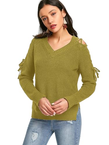 SYLDMKJ Damen Pullover Herbst Gestrickte Pullover Frauen Pullover Langarm Krawatte Lose V-Ausschnitt Bottoming Top-Grün-L von SYLDMKJ