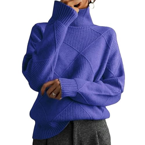 SYLDMKJ Damen Pullover Herbst Lose Temperament Commuter Strickpullover Turtleneck Diamant Pullover Frauen-Blau-M von SYLDMKJ