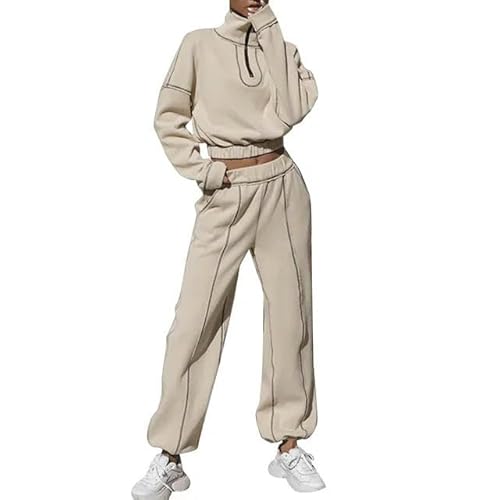 SYLDMKJ Damen Sporthose Frau Trainingsanzug Zwei Stück Set Herbst Winter Hoodies Sweatshirt Weiblich-Beige-S von SYLDMKJ