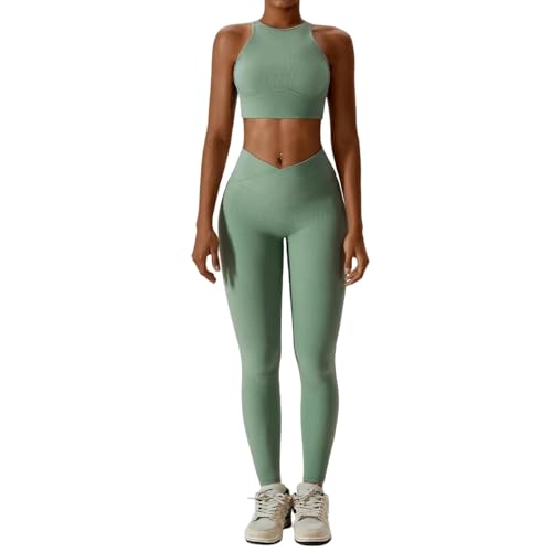 SYLDMKJ Damen Sporthose Yoga Set Women Training Set Set Sportswear Gym Clothing Fitness Sport BH-Basil Green_C-XL von SYLDMKJ