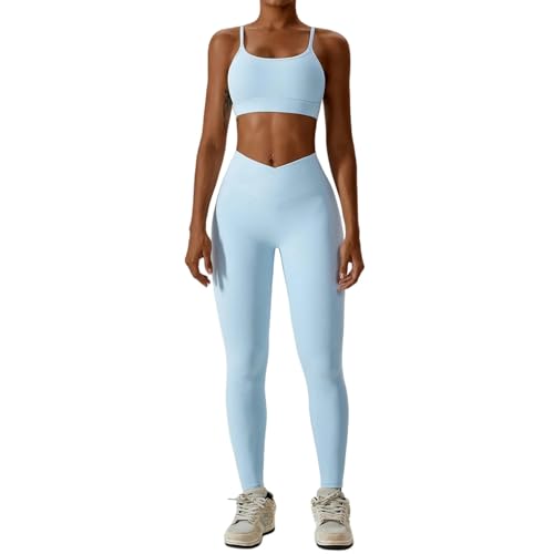 SYLDMKJ Damen Sporthose Yoga Set Women Training Set Set Sportswear Gym Clothing Fitness Sport BH-Sky Blue_A-S von SYLDMKJ