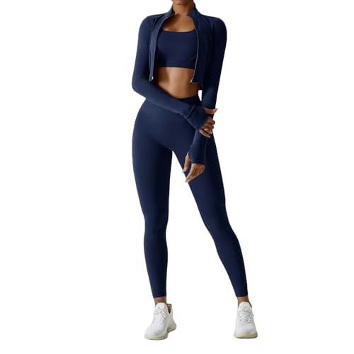 SYLDMKJ Damen Sporthose Yoga Set Workout Outfits Für Frauen Trainingsanzug Sport BH High Taille Shorts Fitness Long-Abzeichen Blau 3Pcs-4-M von SYLDMKJ